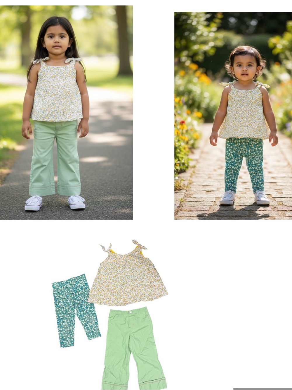 Bonnie Jean Yellow Floral Tie-Shoulder Tank with Green Accents, Pants Set